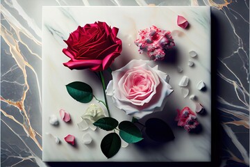 Beautiful colorful roses and petals on a white marble backdrop for valentine's day, romance and love - generative ai