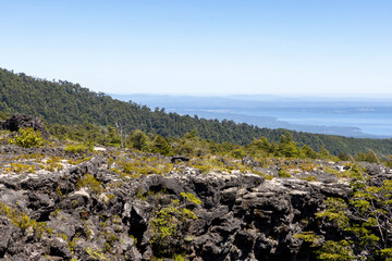 View from the Volcanic Caves Park (at the foot of Villarrica volcan) to the Villarrica lake in...