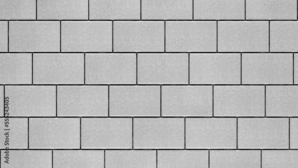 Poster Grey brick wall background close up. Gray stone tile block background with horizontal texture of gray brick. Gray brick surface