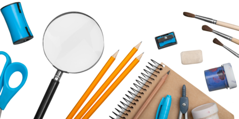 School supplies, notebook, pencils and other tools.