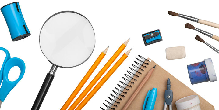 School supplies, notebook, pencils and other tools.