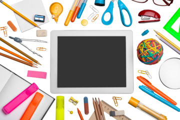 Digital tablet and various multi-colored stationery.