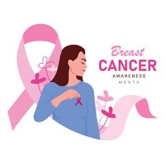 Vector illustration of breast cancer. Cartoon scene with a girl who made a decision to fight cancer and holds a ribbon that confirmed it on white background.