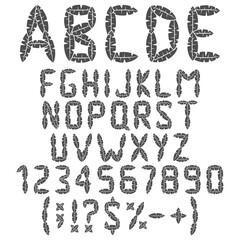 Alphabet, letters, numbers and signs from leaves. Isolated vector objects on a white background.