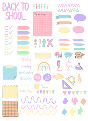 Back to school template, education icon set elements pastel colours. isolated on white background. hand drawn doodles. Elementary school elements. school supplies icons modern flat design. children