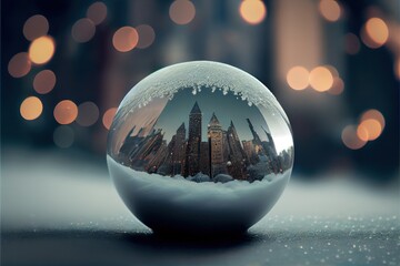 Fototapeta na wymiar City and snow landscape in a glass Christmas ornament, snowfall snow globe with a realistic winter scene inside, blurry background - generative ai