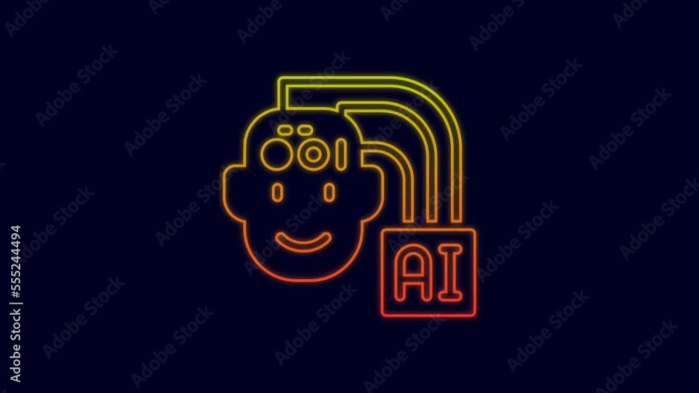 Poster glowing neon line humanoid robot icon isolated on blue background. artificial intelligence, machine 