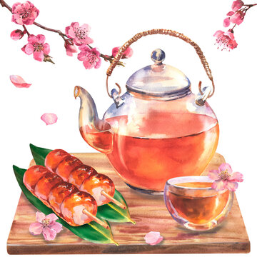 Watercolor asian tea composition with transporant teapot, cup of tea, dango on leaves nory on wooden board and sakura branch isolate on white background.