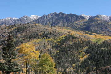 Mountain range and fall colors near Purgatory Ski resort in southern Colorado