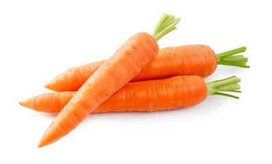 Fresh carrot isolated. Two whole carrots and half of carrot on white background. - obrazy, fototapety, plakaty