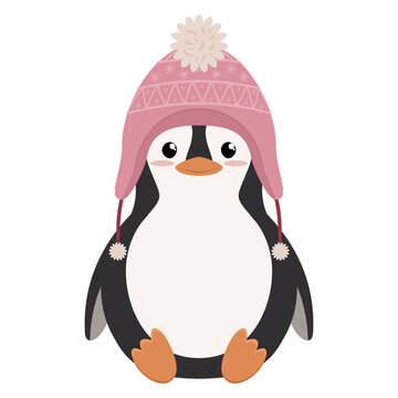 Pingwin w różowej czapce z pomponem. Uroczy zwierzak na białym tle. Wektorowa ilustracja w płaskim stylu.