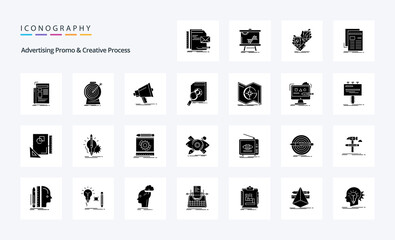 25 Advertising Promo And Creative Process Solid Glyph icon pack