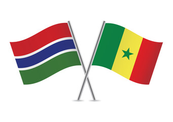 Gambia and Senegal crossed flags. Gambian and Senegalese flags on white background. Vector icon set. Vector illustration.
