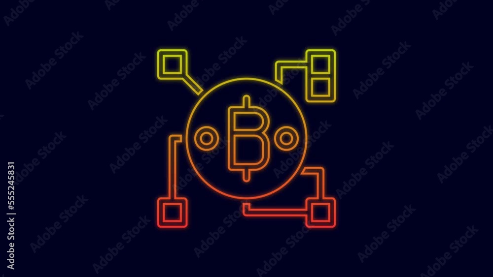 Poster glowing neon line blockchain technology bitcoin icon isolated on blue background. abstract geometric