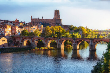 Albi cityscape with view of Tarn river, Pont Vieux (Old Bridge) and Sainte-Cecile cathedral. Tarn department, southern France.