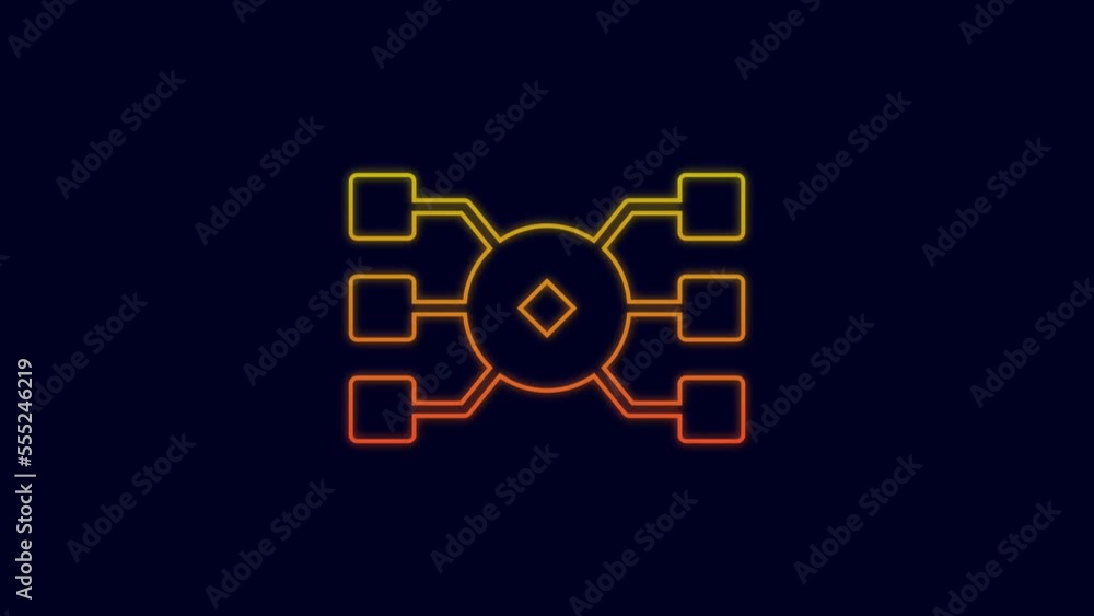 Poster glowing neon line neural network icon isolated on blue background. artificial intelligence ai. 4k vi