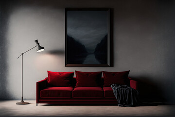 ai midjourney illustration of a dark red sofa in a gray room