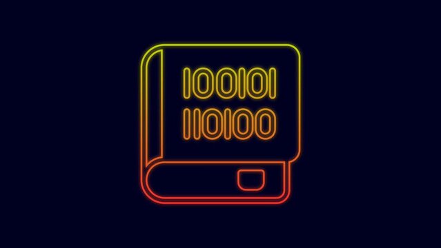 Glowing neon line Books about programming icon isolated on blue background. Programming language concept. PHP, CSS, XML, HTML, Javascript learning. 4K Video motion graphic animation