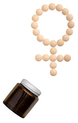 Medicine tablets shaped as gender symbol and medical glass bottle