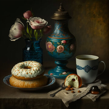 still life oil painting with coffee, donut and flower, created with Generative AI