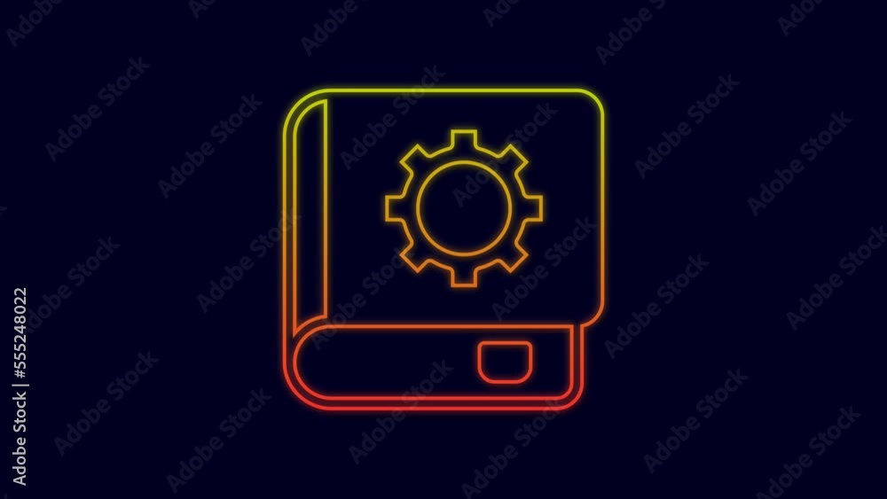 Poster glowing neon line user manual icon isolated on blue background. user guide book. instruction sign. r