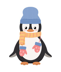 Pingwin w niebieskiej czapce, żółtym szaliku, z rękawiczkami. Urocza zimowa ilustracja. Wektorowa ilustracja w płaskim stylu. - obrazy, fototapety, plakaty