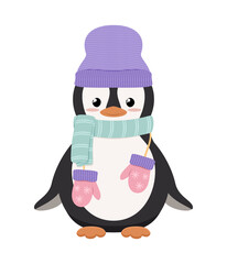 Pingwin ubrany w czapkę, szalik, z rękawiczkami. Urocza zimowa ilustracja. Wektorowa ilustracja w płaskim stylu.