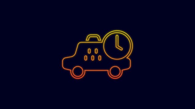 Glowing neon line Taxi waiting time icon isolated on blue background. Car deadline, schedule ride. 4K Video motion graphic animation