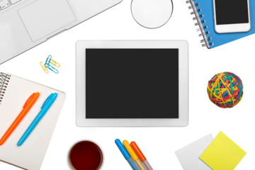 Office desk with digital tablet and office supplies