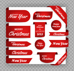 Set of red Christmas banners. Ribbons and round sticker. Scroll Red, Merry Christmas