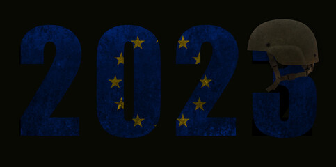 2023 with the colors of the European Union flag, and a military helmet