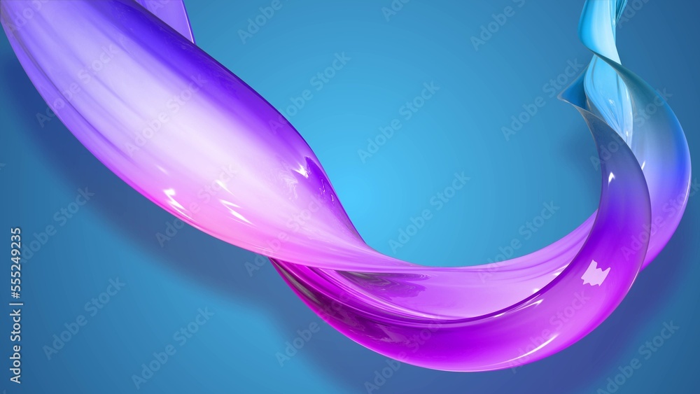 Poster 3d render. twisted ribbon of gradient red blue violet color move around on a blue background. abstra