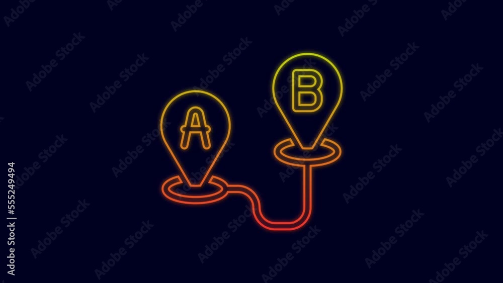 Poster glowing neon line route location icon isolated on blue background. map pointer sign. concept of path