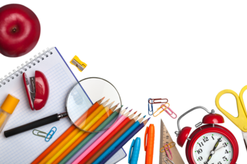 School stationary. Notebook, pens, pencils and other tools