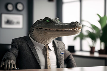 portrait of a crocodile in a suit sitting at a desk, ai generated - obrazy, fototapety, plakaty