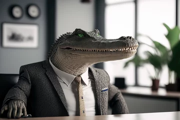 Fototapeten portrait of a crocodile in a suit sitting at a desk, ai generated © wernerimages