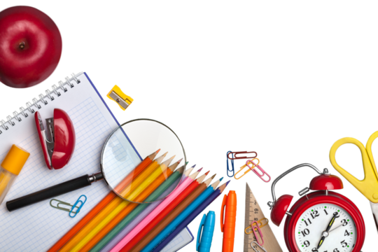 School stationary. Notebook, pens, pencils and other tools