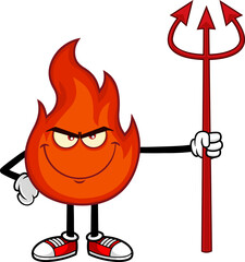 Deviled Fire Cartoon Character Holds А Trident. Hand Drawn Illustration Isolated On Transparent Background