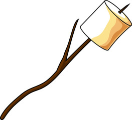 Cartoon Roasted Marshmallow On Wooden Stick. Hand Drawn Illustration Isolated On Transparent Background