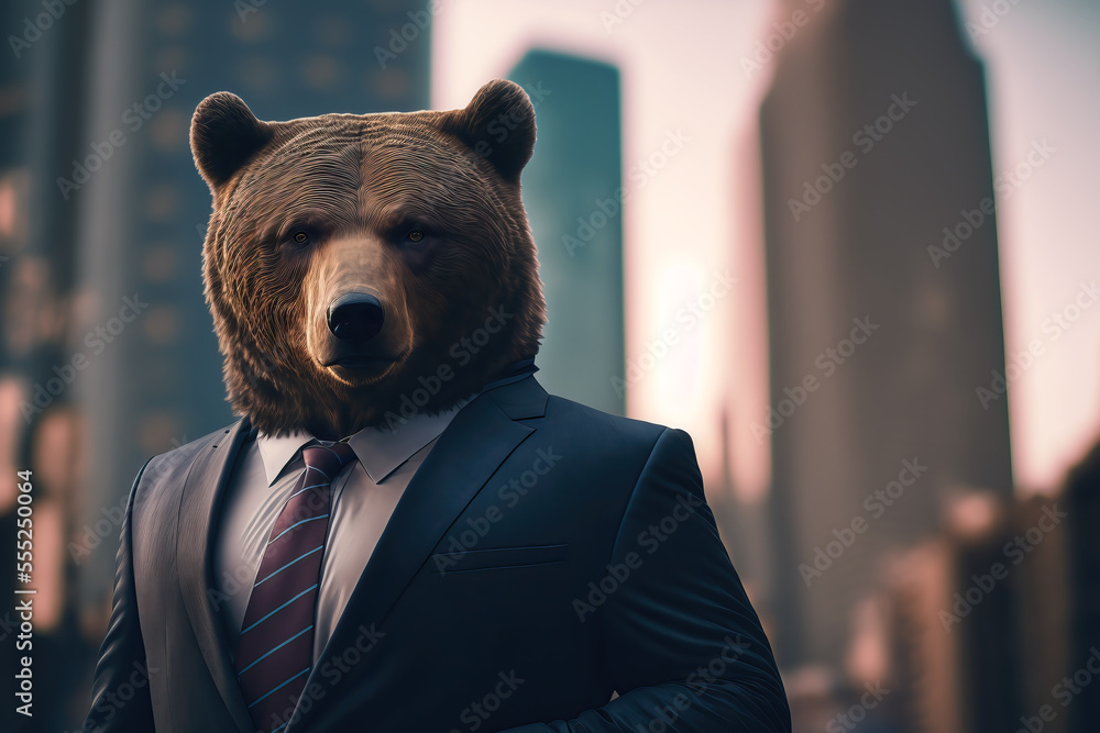 Wall mural portrait of a bear in a suit with skyscraper in the background, ai generated