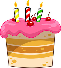 Cartoon Birthday Cake With Candles. Hand Drawn Illustration Isolated On Transparent Background