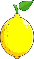 Cartoon Yellow Lemon Fresh Fruit With Green Leaf. Hand Drawn Illustration Isolated On Transparent Background