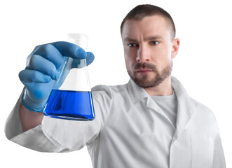 Scientist man with liquid in researcher test tube