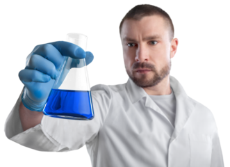 Scientist man with liquid in researcher test tube