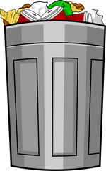 Cartoon Metal Garbage Can With Trash. Hand Drawn Illustration Isolated On Transparent Background