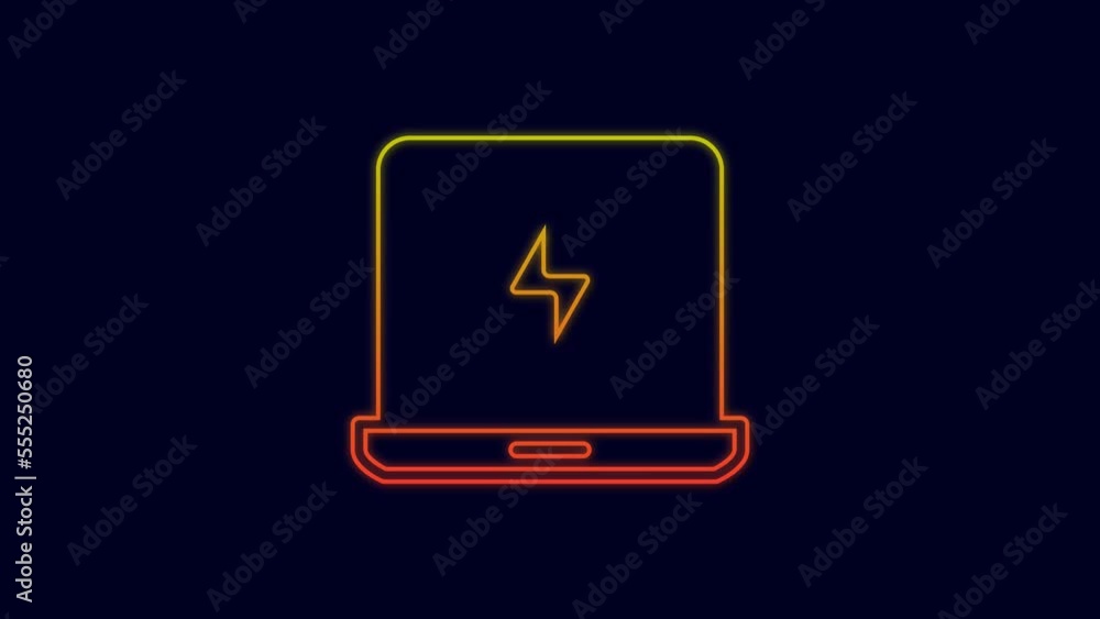 Poster glowing neon line laptop icon isolated on blue background. computer notebook with empty screen sign.