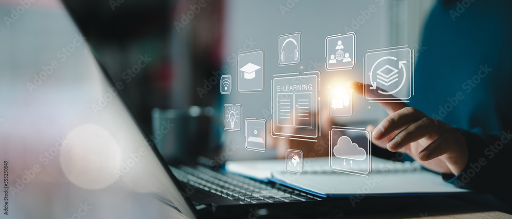 Poster concept of online education. man use online education training and e-learning webinar on internet fo