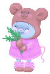 A little funny mouse with a fir branch. Digital drawing, illustration.