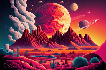 Vaporwave Synthwave cyberpunk background with large planet, moons and mountains, generative ai