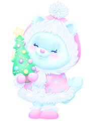 A cute kitten wiht an little christmas tree. Digital drawing, illustration.